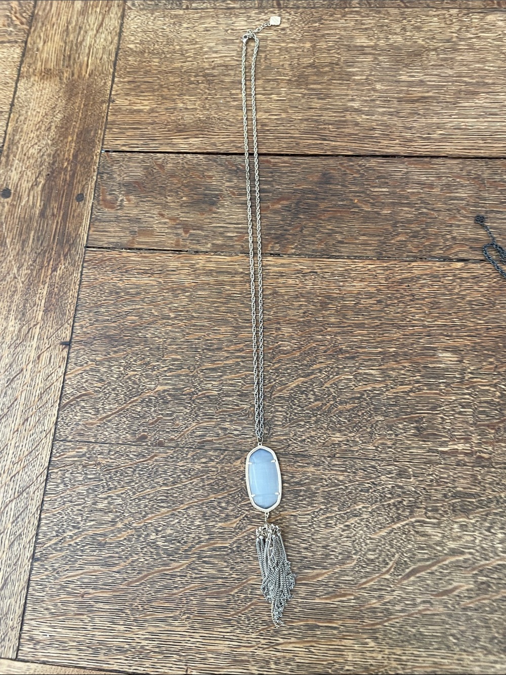 Kendra Scott Silver Long Necklace with Pale gray translucent Stone and Tassel